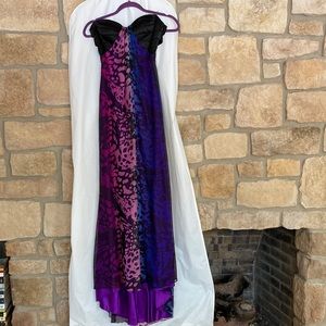 LA FEMME Long, strapy open back dress.